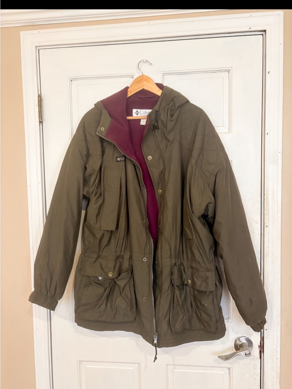 Columbia Olive Green Hooded Utility Jacket with Burgundy Liner